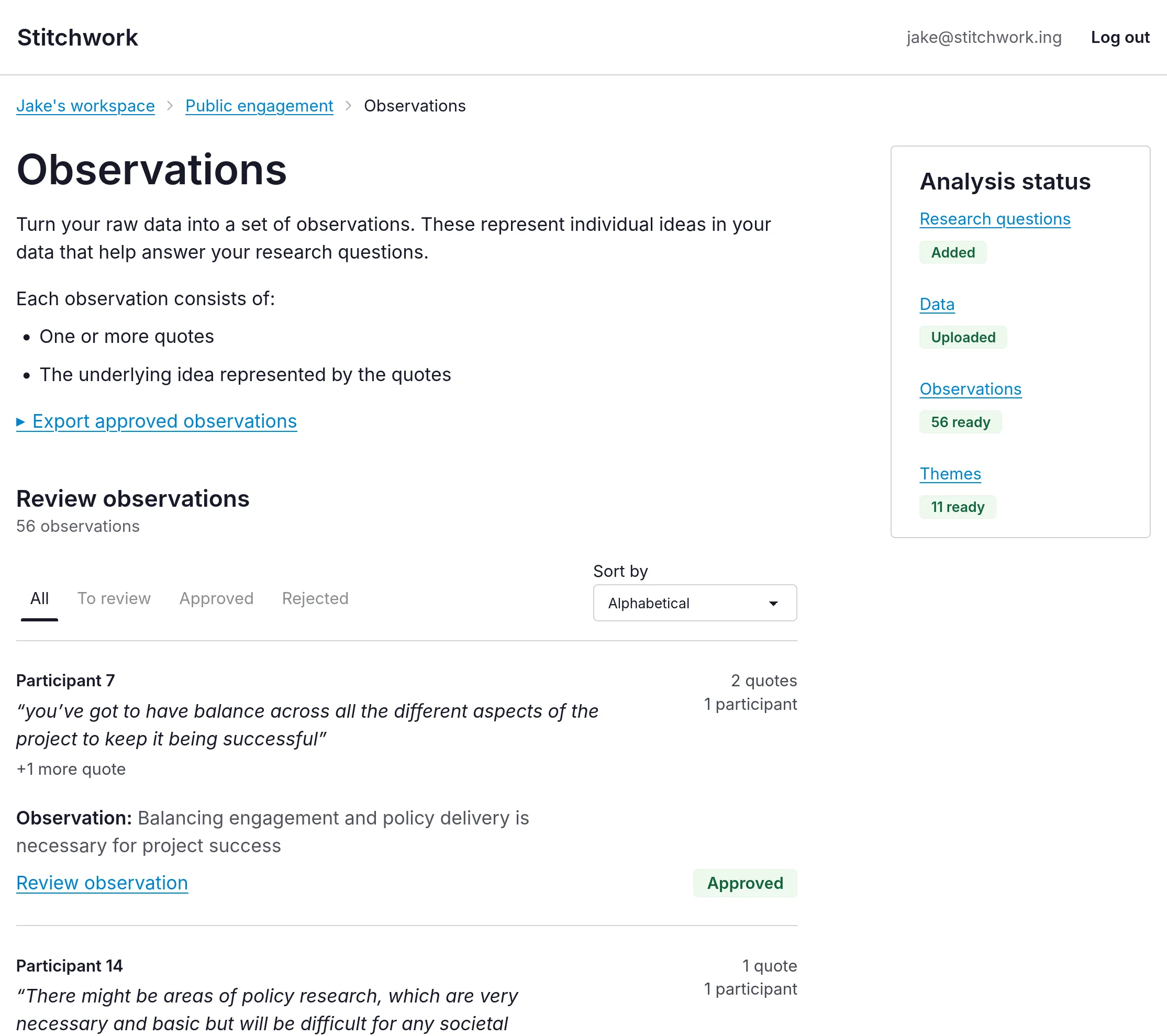 Product screenshot: Stitchwork observations page with participant quotes and analysis status.